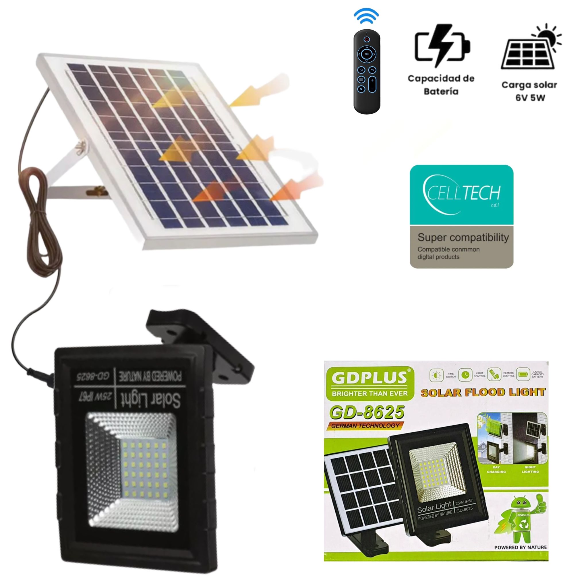 תאורה סולרית לגינה 25w סוללה 2400MAH כולל שלט GD-8625