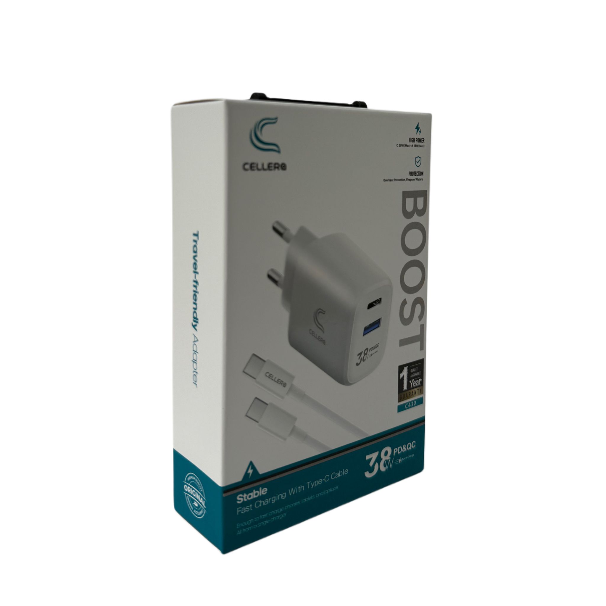 מטען קיר מטען קיר CELLERA GAN 38W PD+USB כולל כבל טייפ סי