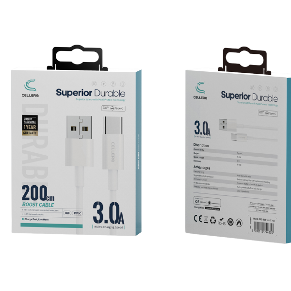 כבל 2 מטר USB-A TO C Ø3.8 דגם C207
