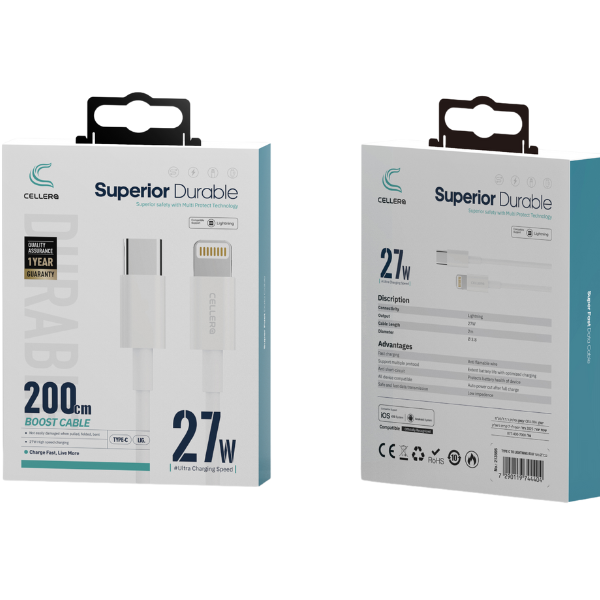 כבל 2 מטר TYPE C TO LIGHTNING Ø3.8 דגם C206
