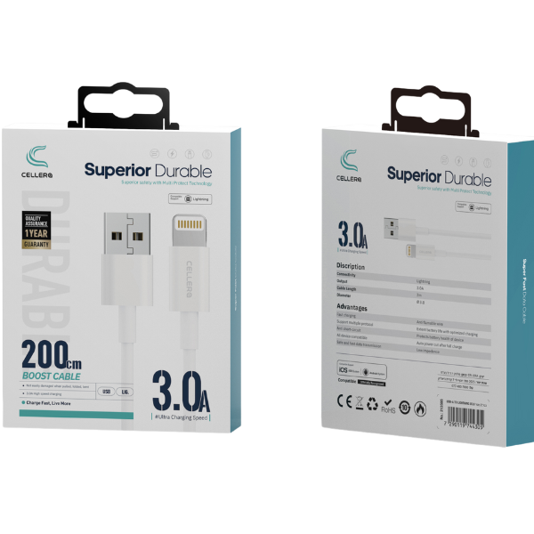 כבל 2 מטר USB-A TO LIGHTNING Ø3.8 דגם C208
