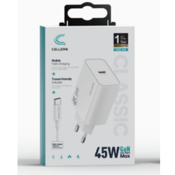 מטען קיר CELLERA GAN 45W PD C303 כולל כבל טייפ סי