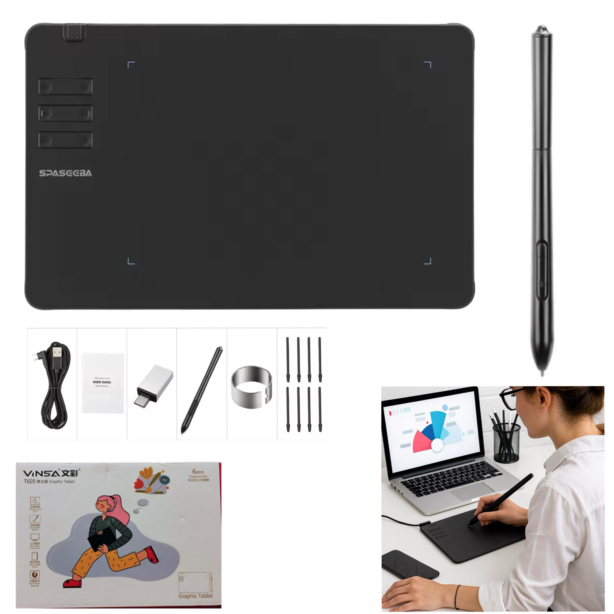 משטח אלקטרוני לציור גרפי כולל עט סטילוס עבור  לפטופ ומחשב - 252*160 מ"מ T605 