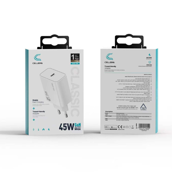 מטען קיר CELLERA GAN 45W PD C303ראש ללא כבל